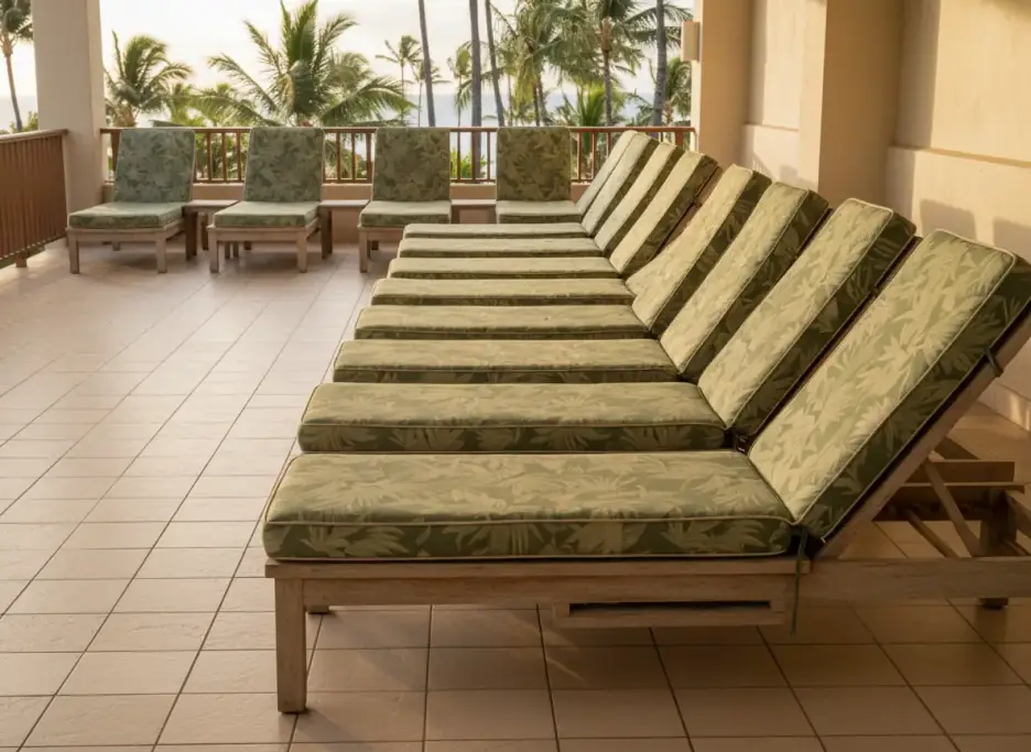 An empty hotel lanai with a row of re-cushioned teak loungers