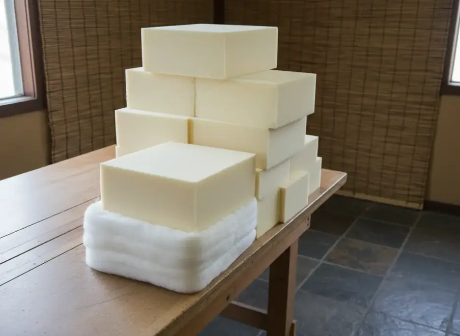 Cut blocks of cream upholstery foam and batting on a workshop table